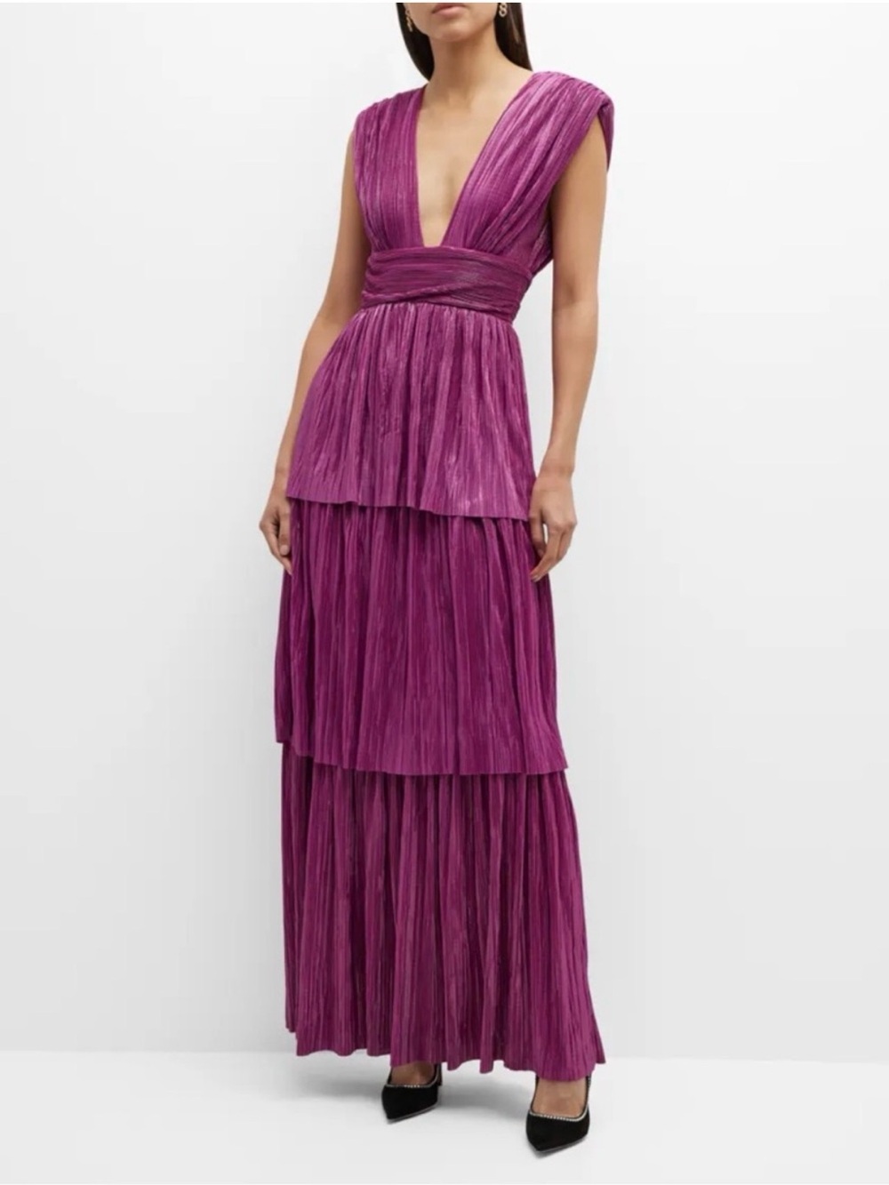 Sabina Musayev Judith Magenta/Fuschia Tiered V-Neck Maxi Dress